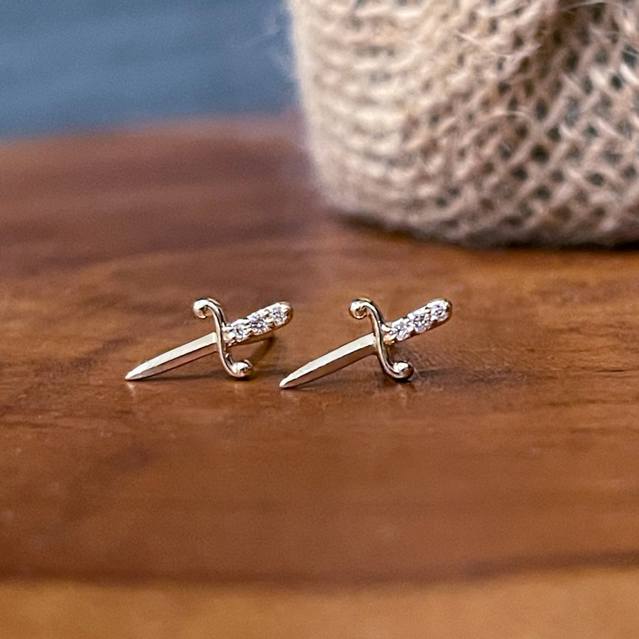 Dagger Studs With Diamonds in 14K Gold