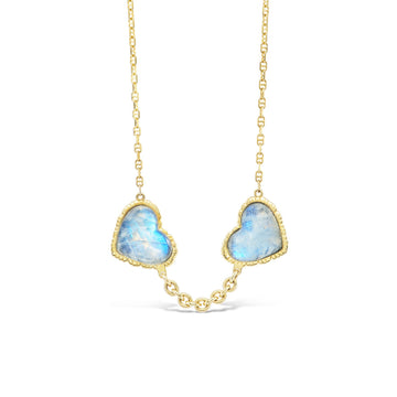 Double Heart Rainbow Moonstone Necklace - 18K Yellow Gold