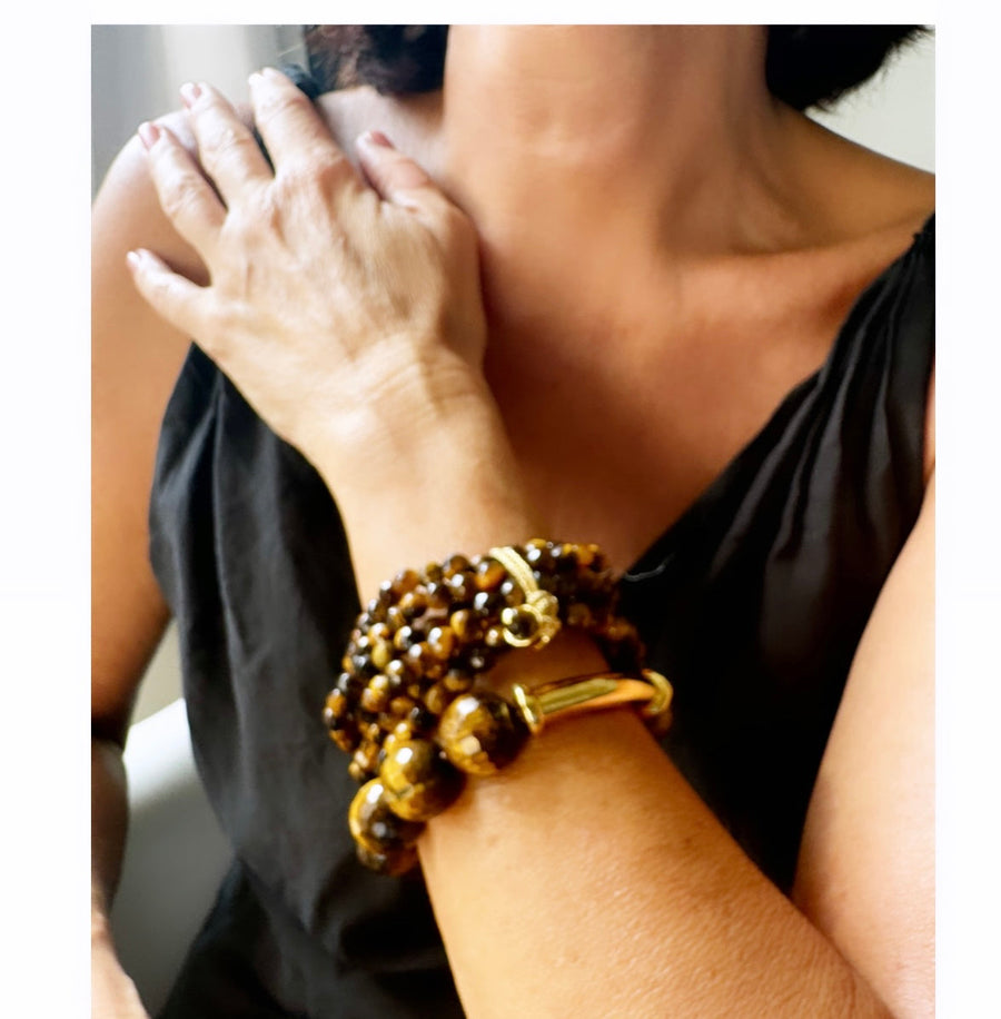 Tiger's Eye Cluster Bracelet with Gold Button