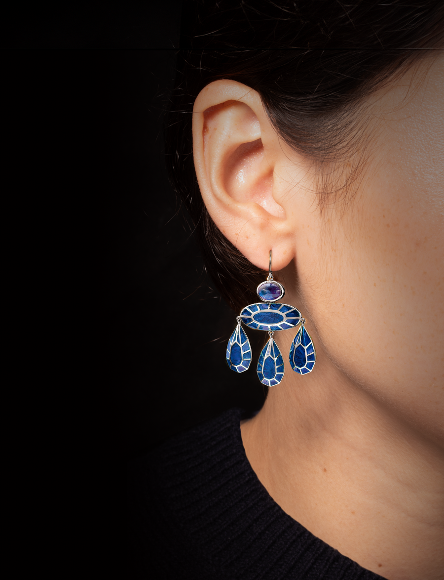 Georgian Sapphire and Blue Plique-a-jour Enamel Earrings