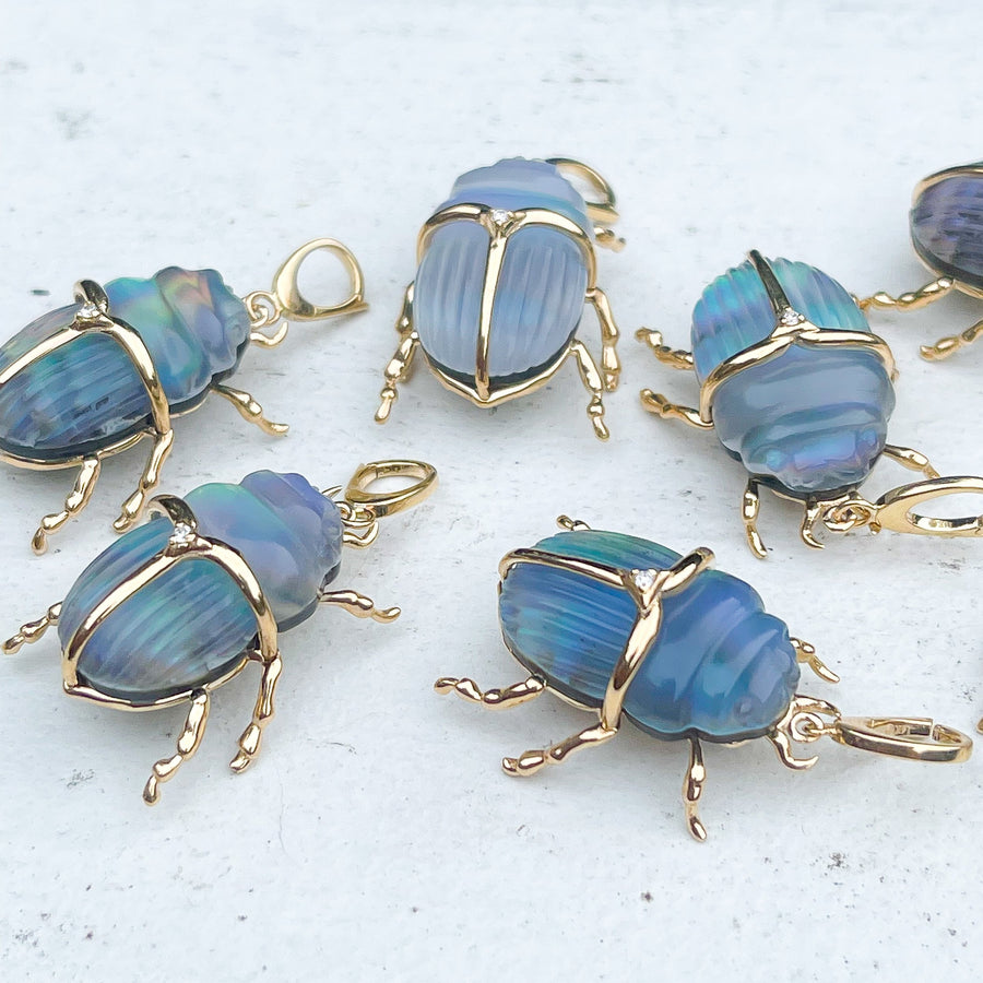 14K Gold Luminescent Blue Scarab Beetle Pendant