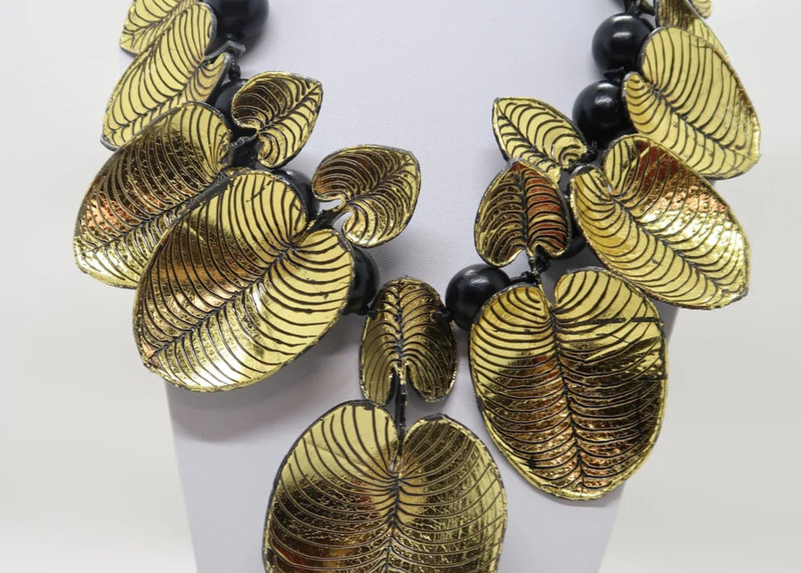 Gold Recycled Plastic Bottles Coccoloba Leaves with Beads Necklace
