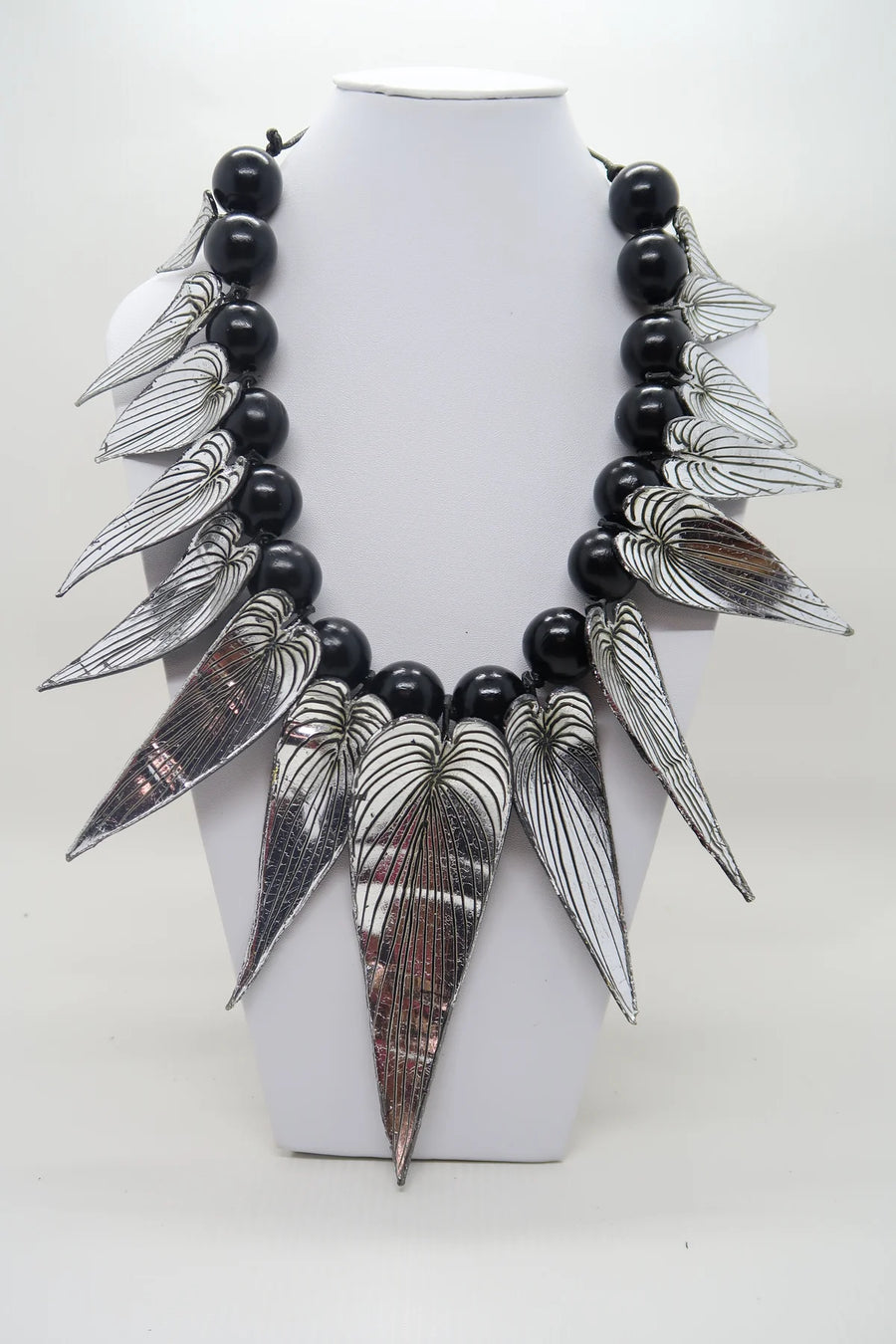 Silver Bamboo Leaves with Beads Necklace