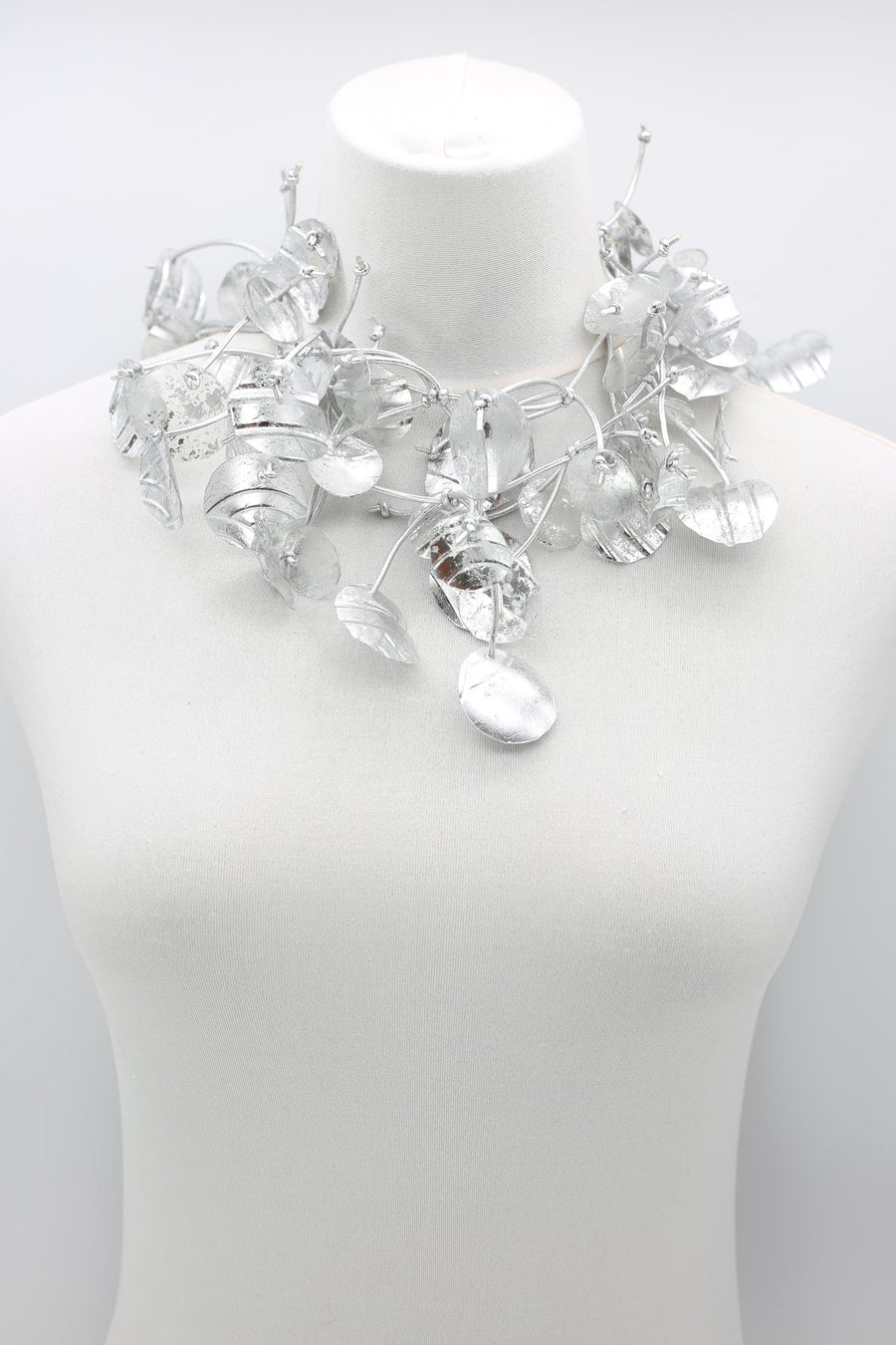 LONG SILVER AQUA WATER LILY LEAF NECKLACE