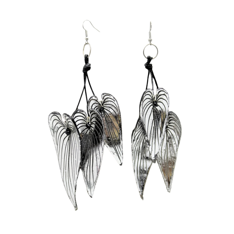 Silver Bamboo Leaves with Beads Earrings