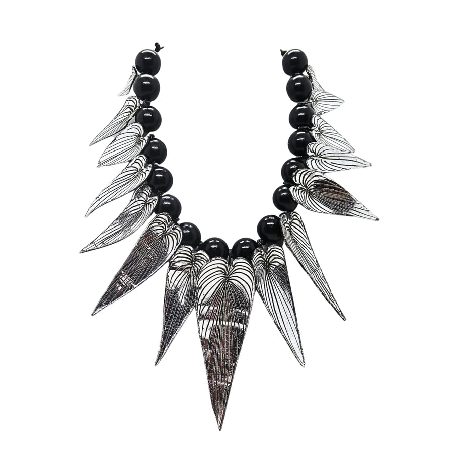 Silver Bamboo Leaves with Beads Necklace