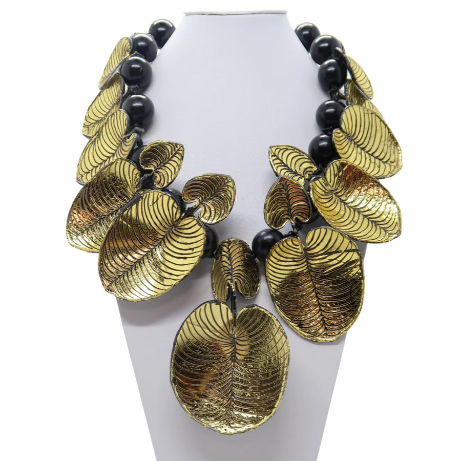 Gold Recycled Plastic Bottles Coccoloba Leaves with Beads Necklace