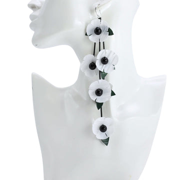 Plastic Bottles Dangle Poppy With Green Leaf Earrings - white