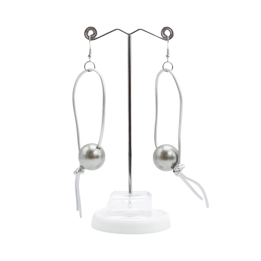 Silver Leatherette Loop Faux Pearl Earrings