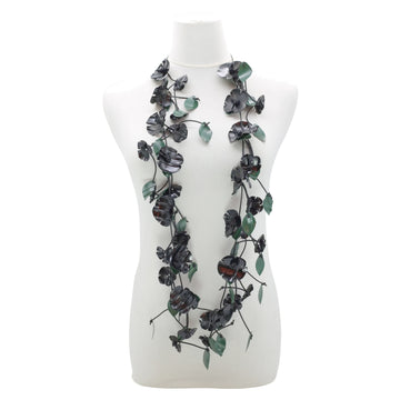 Black Upcycled Plastic Bottles Poppy with Green Leaf Necklaces