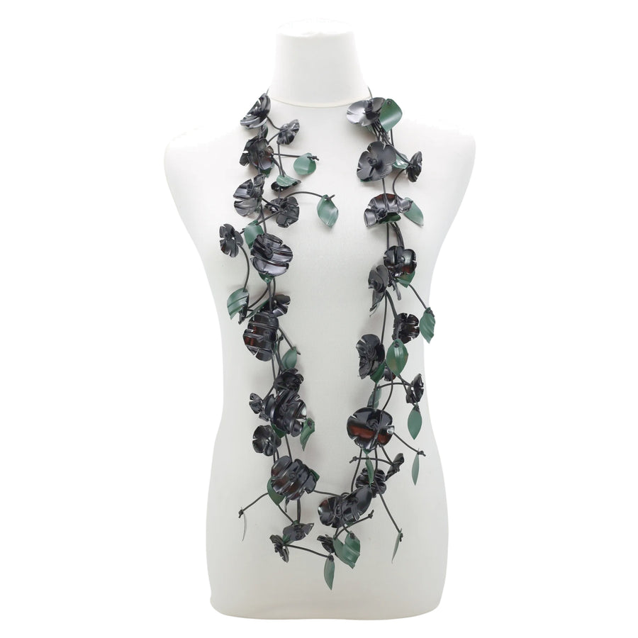 Black Upcycled Plastic Bottles Poppy with Green Leaf Necklaces