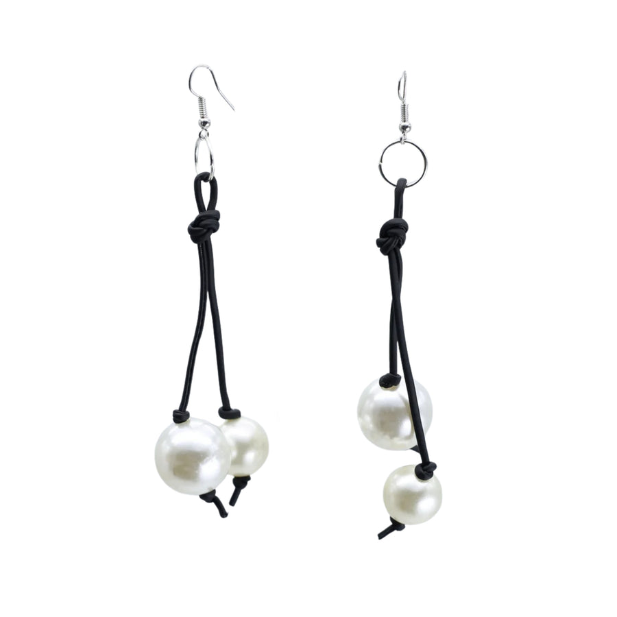 Faux Pearl on 2 Leatherette Strands Earrings