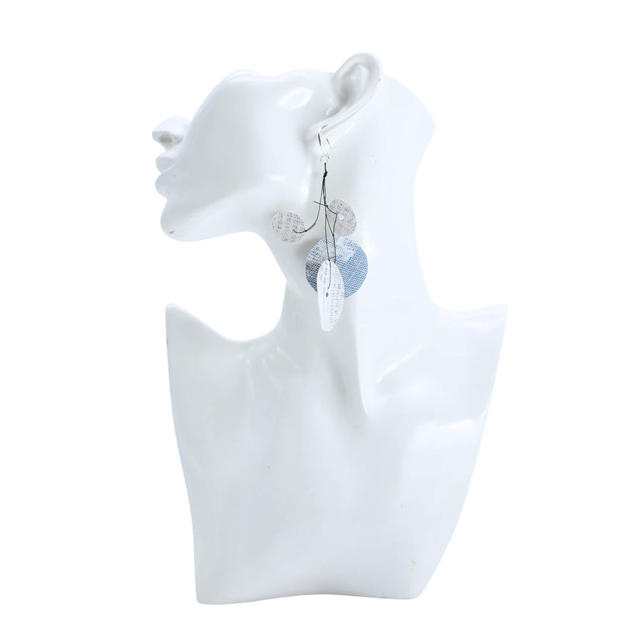 Recycled Newspaper Water Lily on Fishing Wire Earrings - White