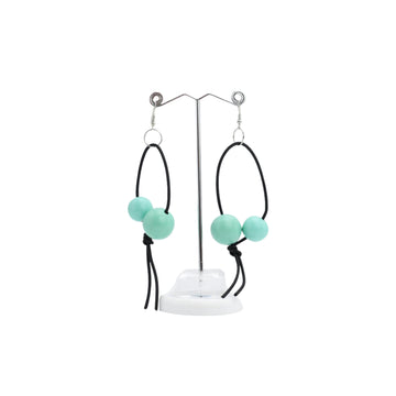 Recycled Wood Double Round Beads on Leatherette Loop Earrings - Turquoise