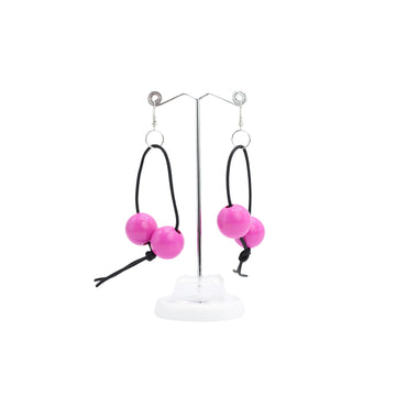 Recycled Wood Double Round Beads on Leatherette Loop Earrings - Hot Pink
