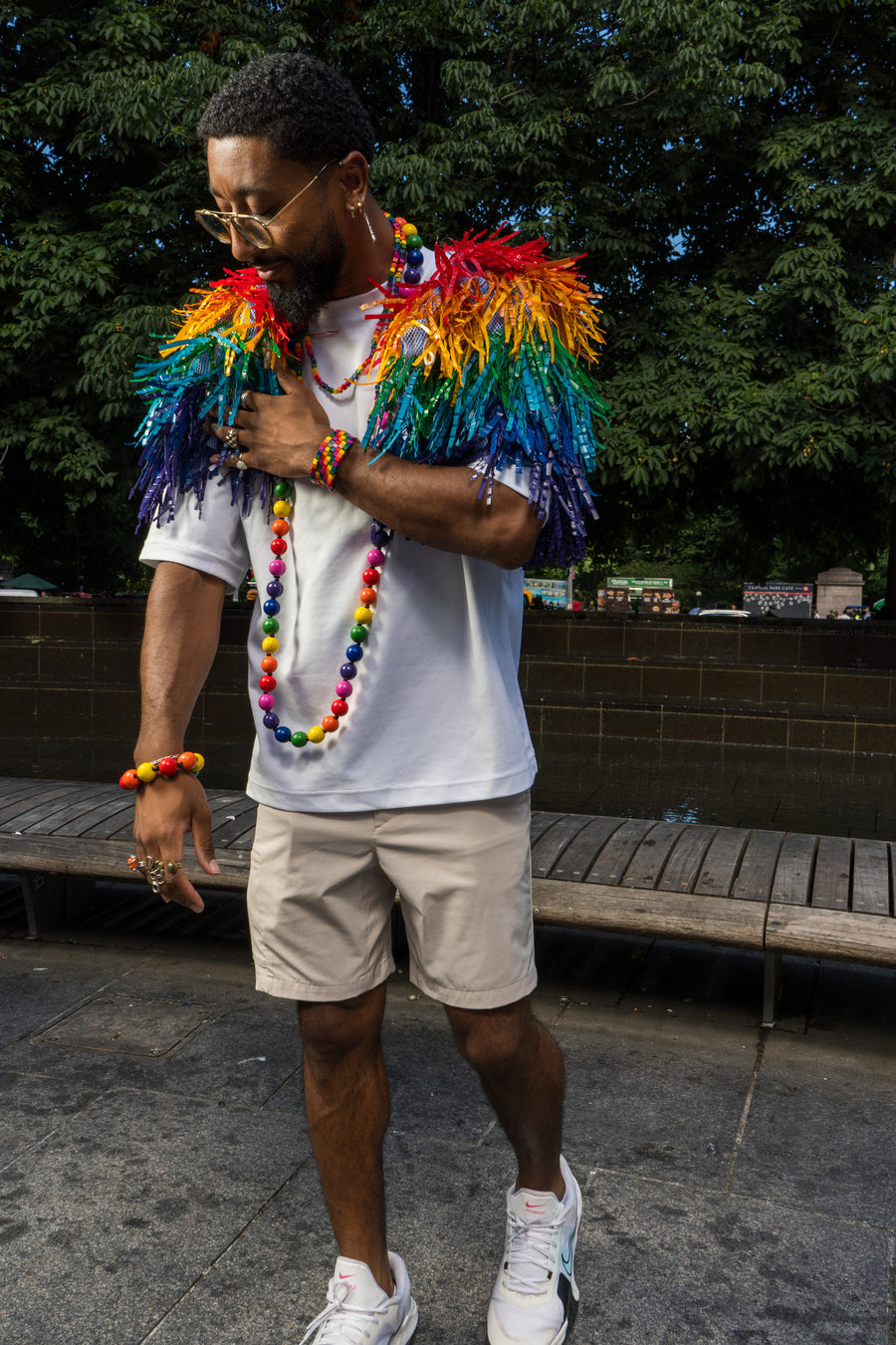 Hand-painted rainbow plastic bottle fringe cape