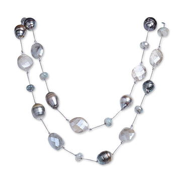 Tahitian Pearl, Grey Moonstone, & Grey Silverite Necklace