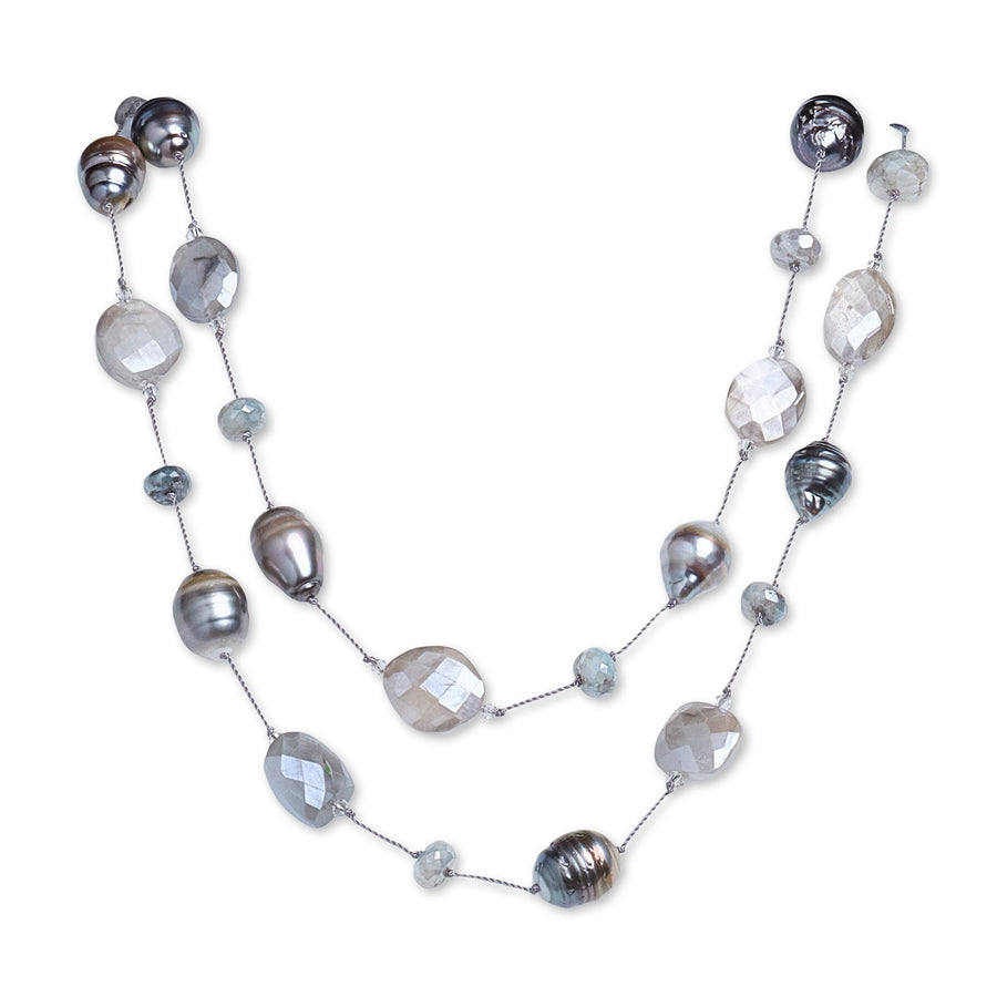 Tahitian Pearl, Grey Moonstone, & Grey Silverite Necklace