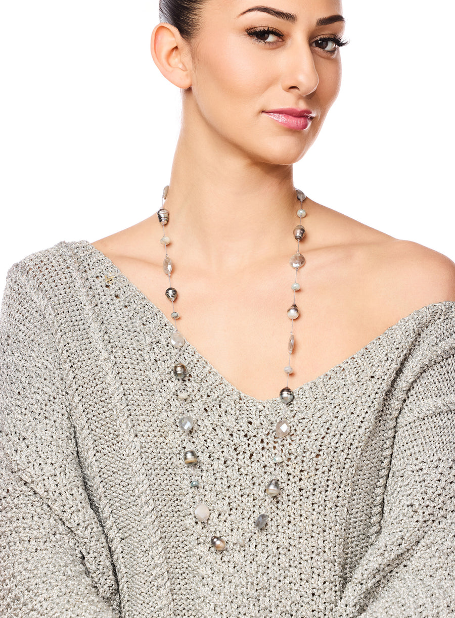 Tahitian Pearl, Grey Moonstone, & Grey Silverite Necklace