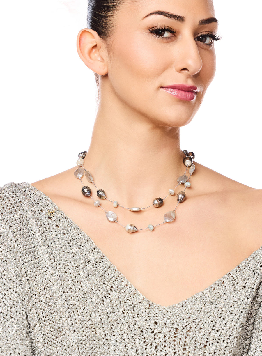 Tahitian Pearl, Grey Moonstone, & Grey Silverite Necklace