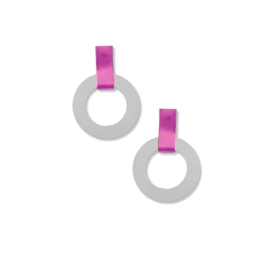 Mies Circle Earrings Large - Silver Acrylic Fuchsia