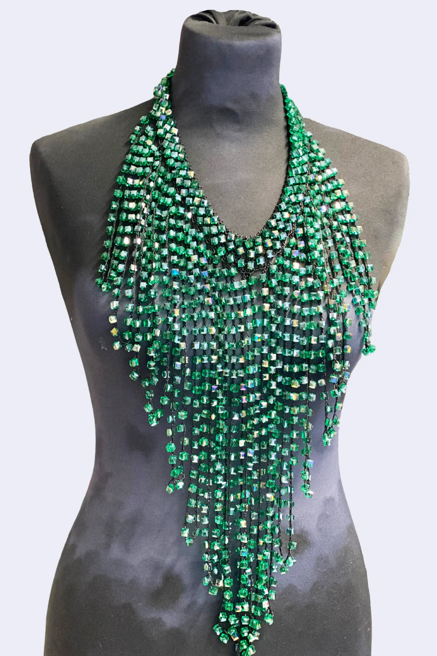 6 x 6 Crystal Fringe Necklace - Long Tassel - Peacock Green