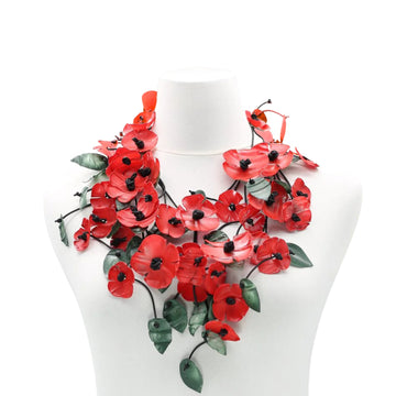 POPPY WITH RED/GREEN LEAF NECKLACE