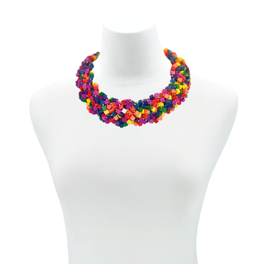 3 STRAND NEXT PASHMINA NECKLACE WOODEN BEADS - RAINBOW MOSAIC