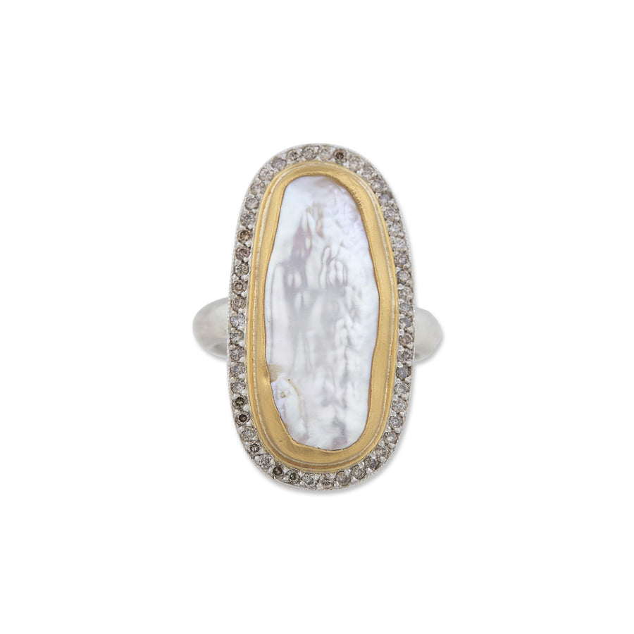 Pearl & Cognac Diamonds PEARLITA MATTE SILVER RING