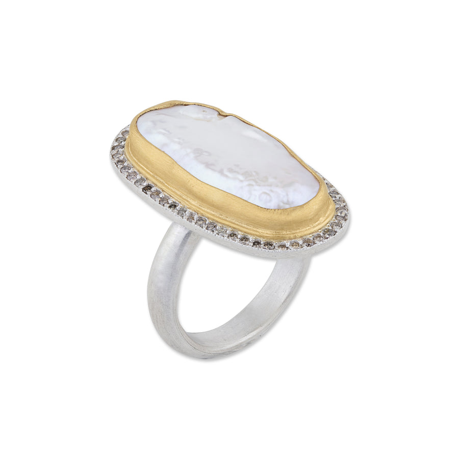 Pearl & Cognac Diamonds PEARLITA MATTE SILVER RING