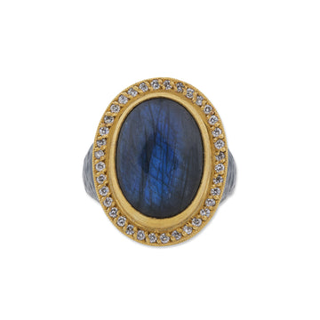 Pompei Labradorite Ring with Diamonds - 24K Yellow Gold and Oxidized Sterling Silver