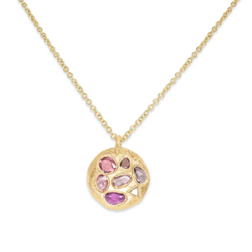 18K Round Mosaic Tablet Necklace in Pink Sapphires