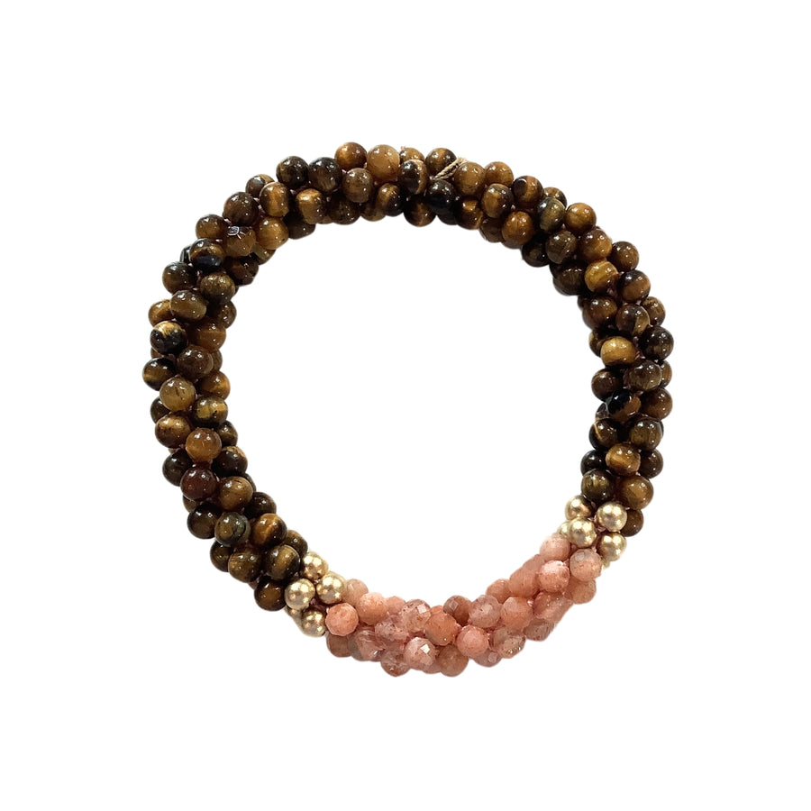 Beaded Gemstone Bracelet: Tiger Eye, Sunstone, Gold