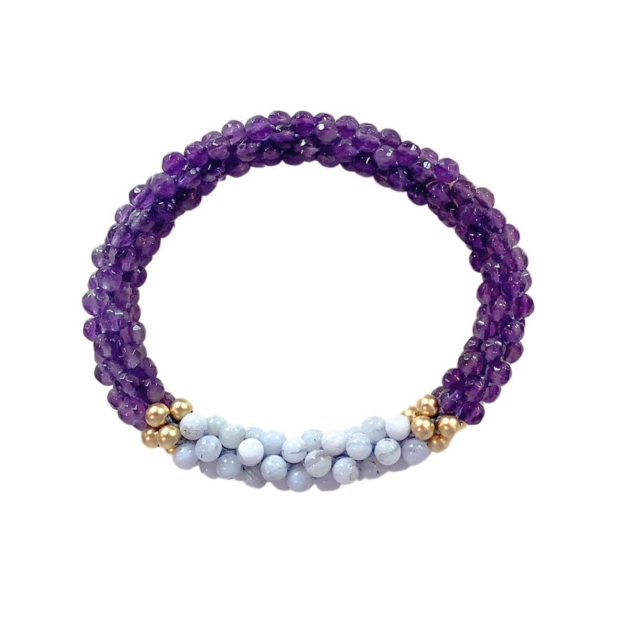 Beaded Gemstone Bracelet: Amethyst, Blue Lace Agate, Gold