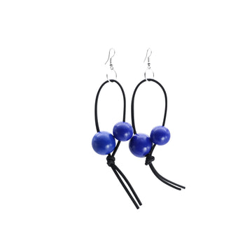 Recycled Wood Double Round Beads on Leatherette Loop Earrings - Cobalt Blue