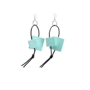 Recycled Wood Squares on Leatherette Loop Earrings - Turquoise