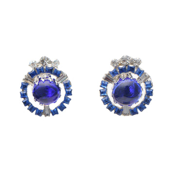 Sapphire Poured Glass and Swarovski BUTTON Clip-on  EARRINGS