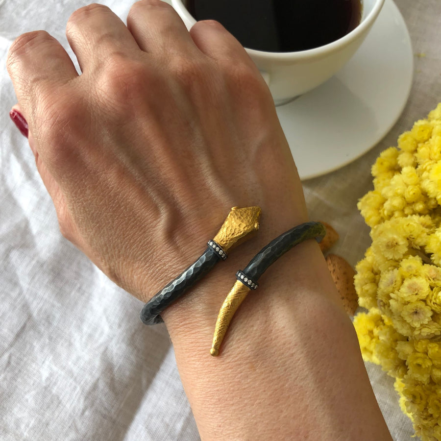 SNAKE BRACELET - 24K Yellow Gold, Oxidized Sterling Silver and Diamonds