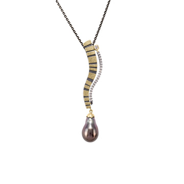 Stripe Diamond Pearl Drop Pendant Choker Necklace