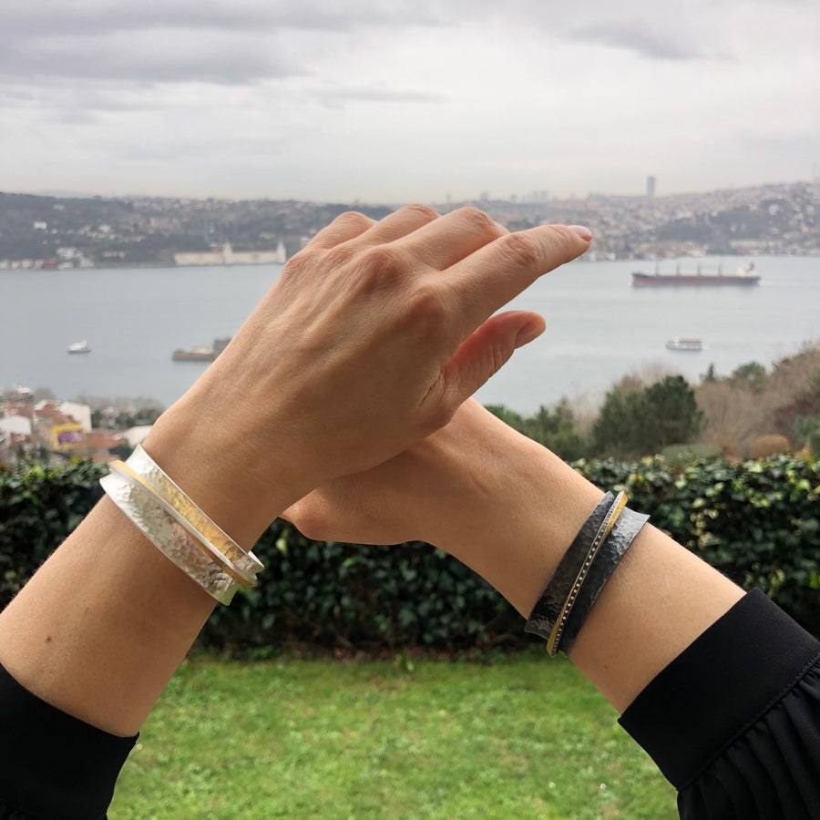 TWIST CUFF - OXIDIZED SILVER, DIAMONDS & GOLD