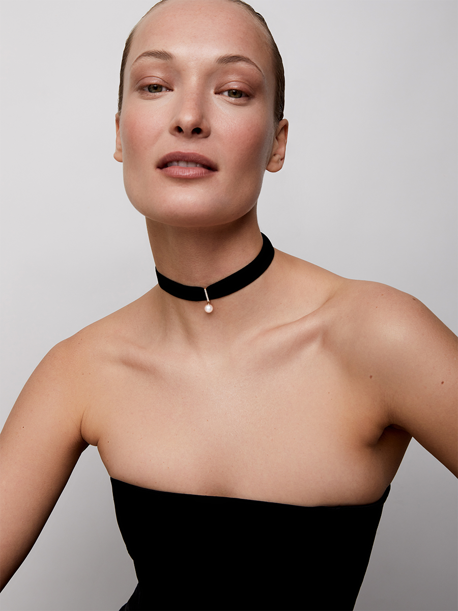 Black Velvet Pearl & Diamond Choker Necklace