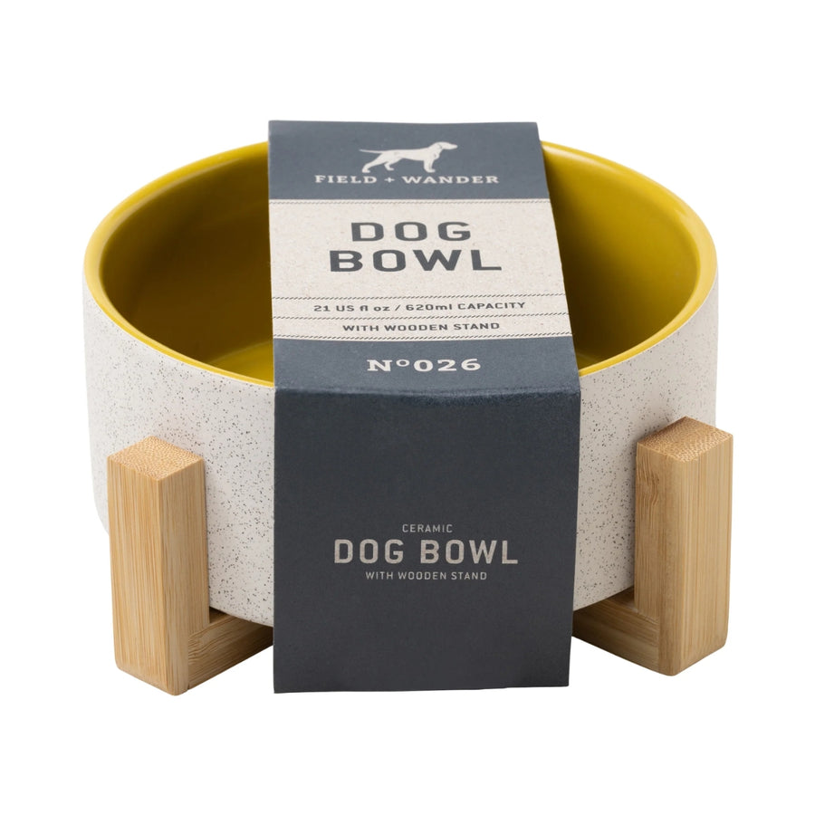 Ochre Ceramic Dog Bowl with Wooden Stand - Whine & Dine