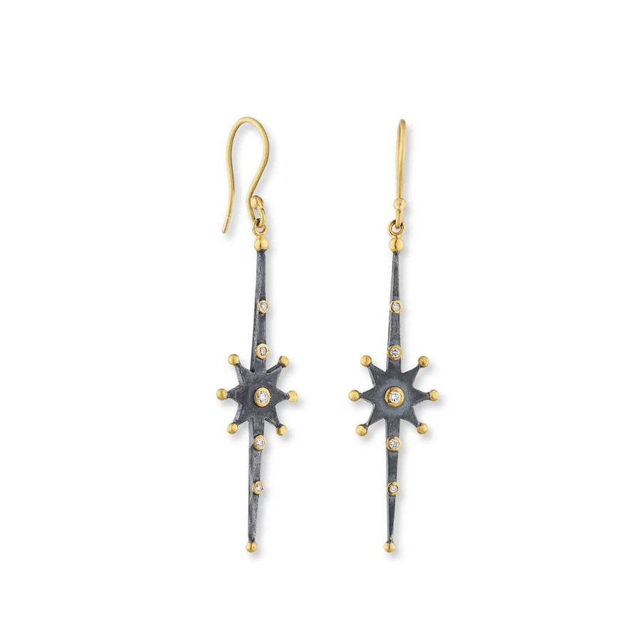 Elongated Diamond Starburst Earrings - Oxidized Silver & Gold