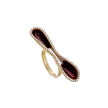 18k Yellow Gold Pure Lines Ring with Diamonds and Red Enamel