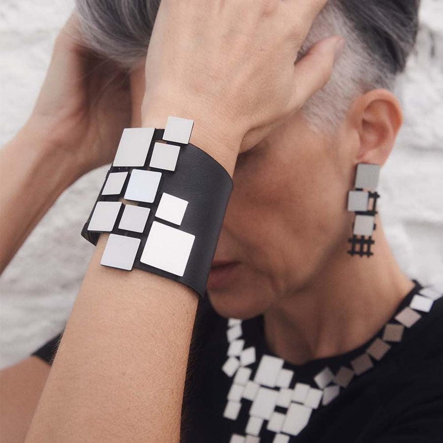Silver/Textured Bauhaus Leather Bracelet Asymmetric