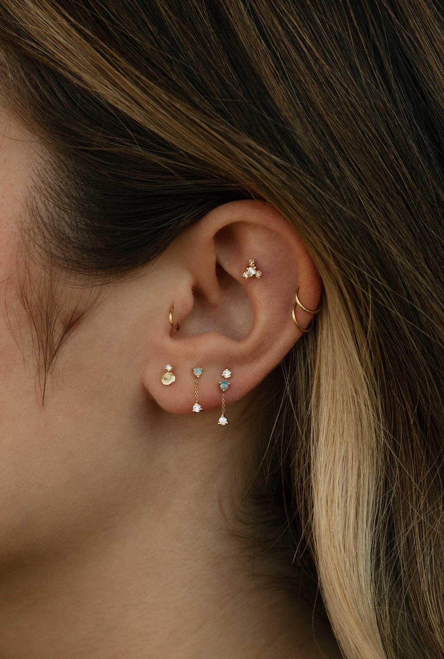Single Small Two-Step Chain Earring - Opal & Diamond Flat Back