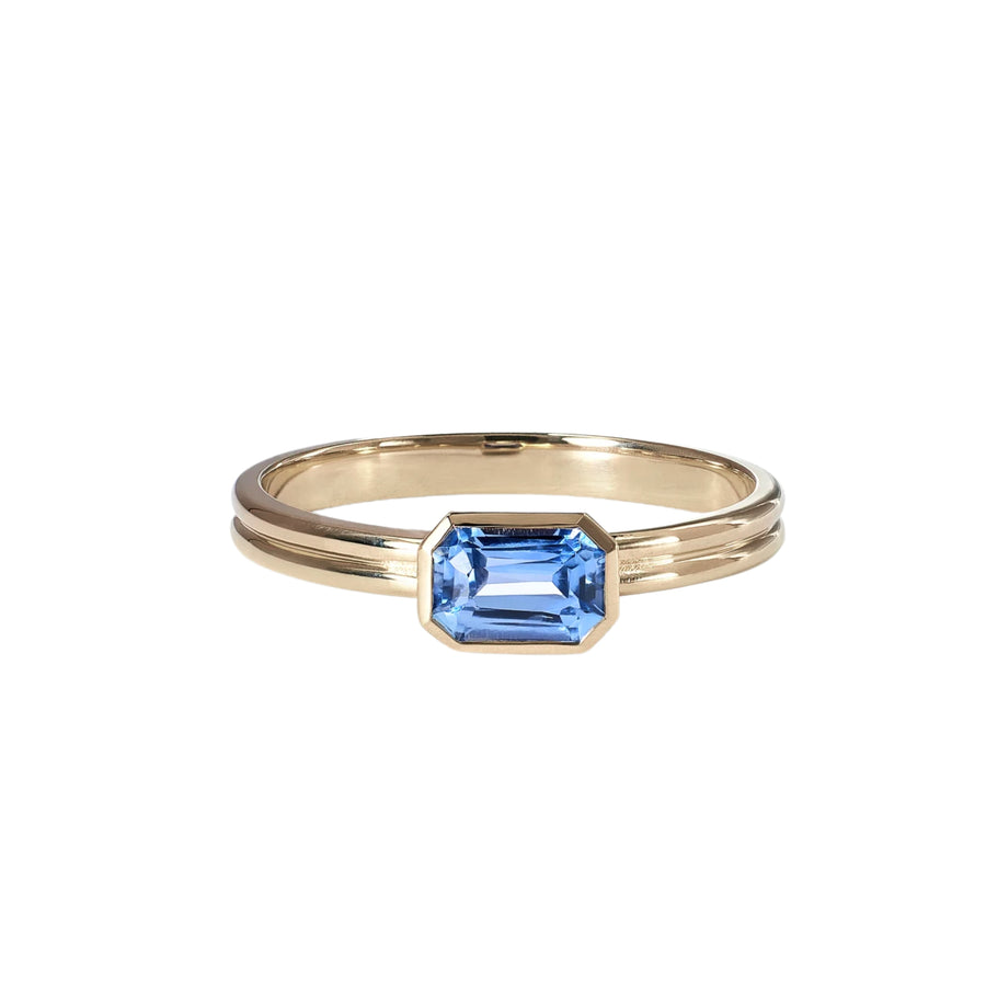 Blue Sapphire Medium Emerald Cut Solitaire Double Band Ring - Size 8