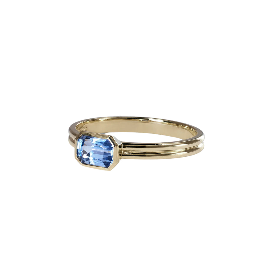 Blue Sapphire Medium Emerald Cut Solitaire Double Band Ring - Size 8