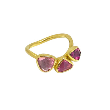 Triple Tourmaline Gold Ring in Red and Pink - Size 7