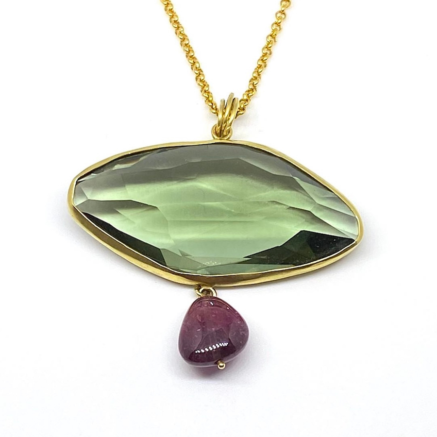 Green Amethyst/Red Tourmaline Bead Pendant